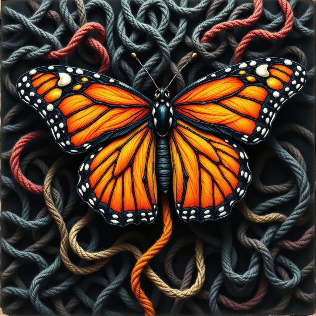 Surreal Monarch Butterfly in a Dark Yarn Tapestry