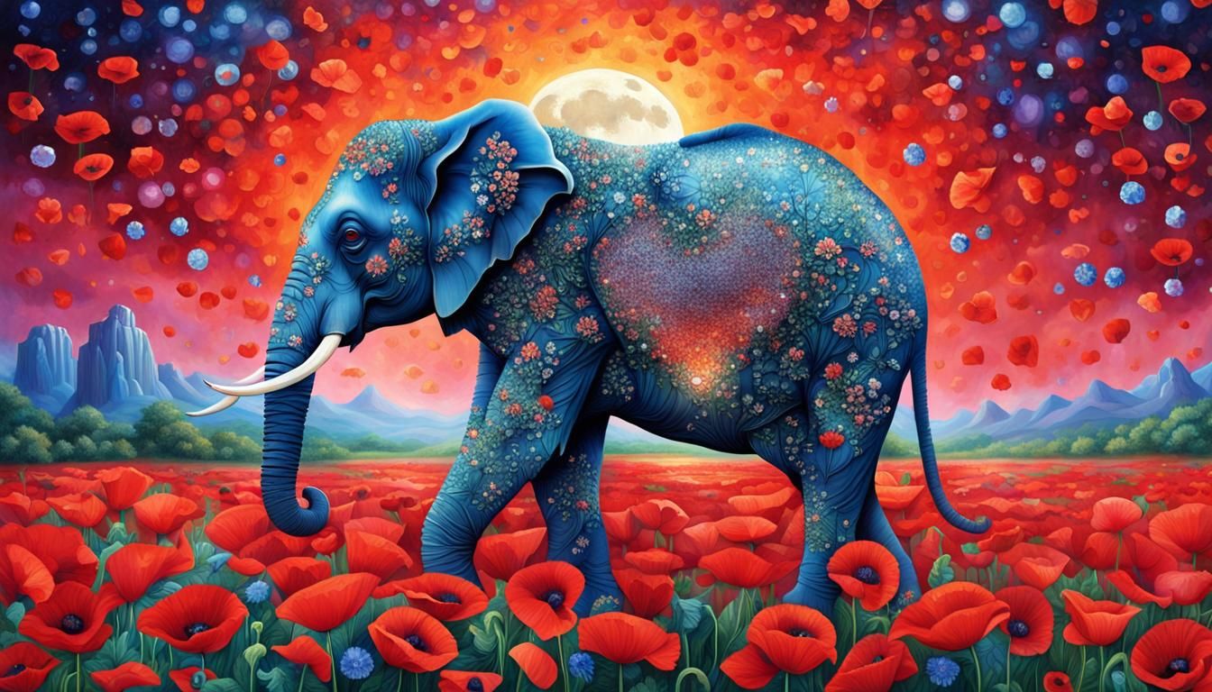 Crystal Elephant in Moonlit Poppy Field