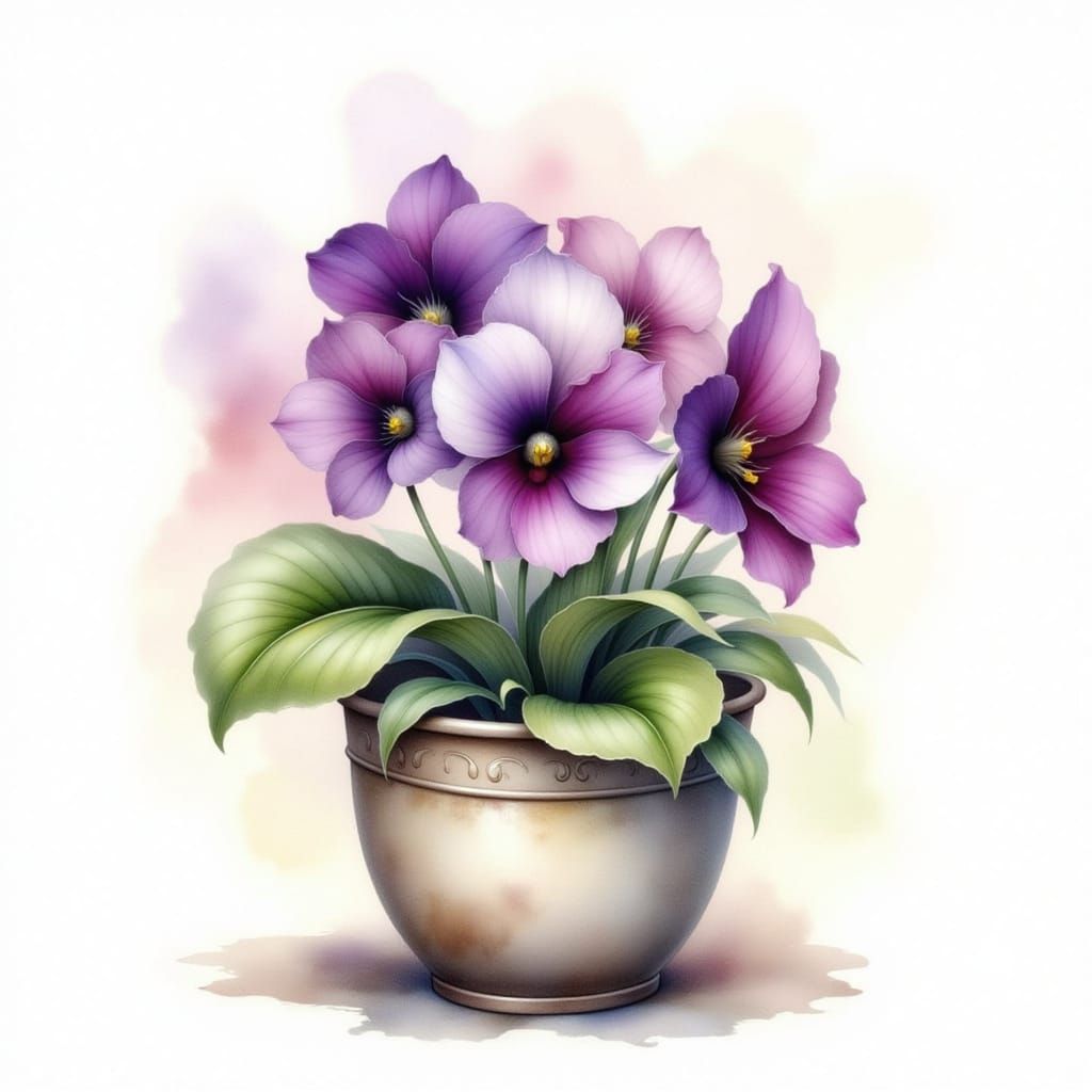 <lora:Lovely watercolor:1.0> wet ink on silk Japanese ink wash Oriental pot of African violets ethereal watercolor ink w...