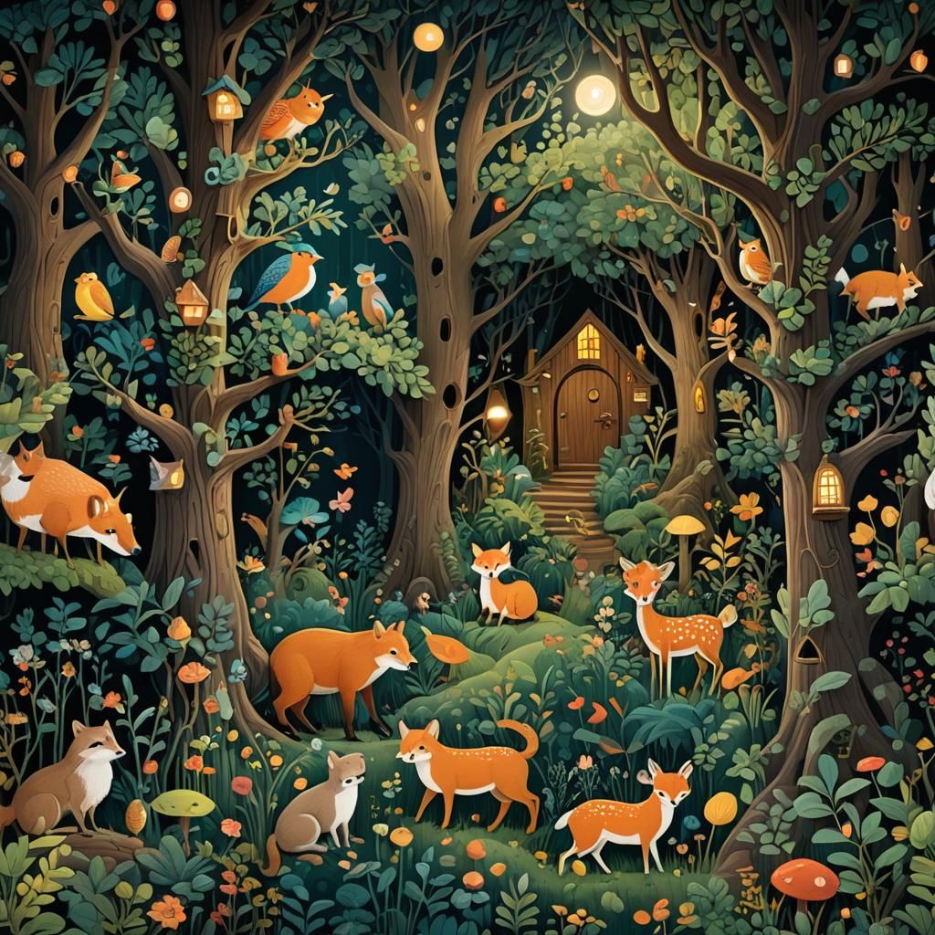 Enchanted Forest with Talking Animals and Hidden Doorways