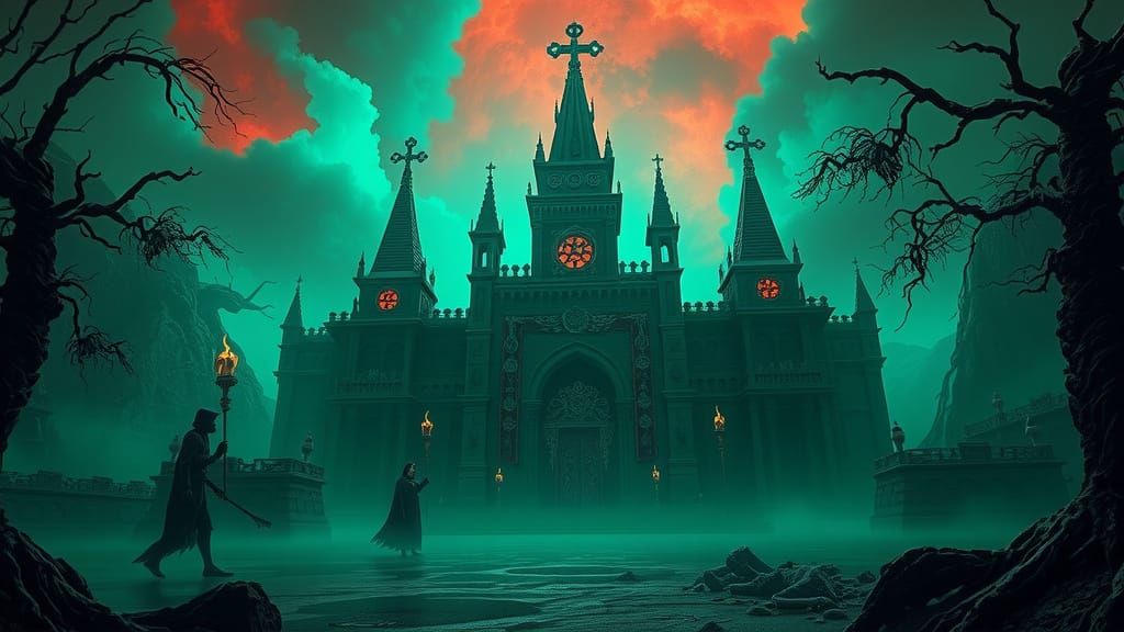 Ethereal Temple of Death in Emerald Green Mist