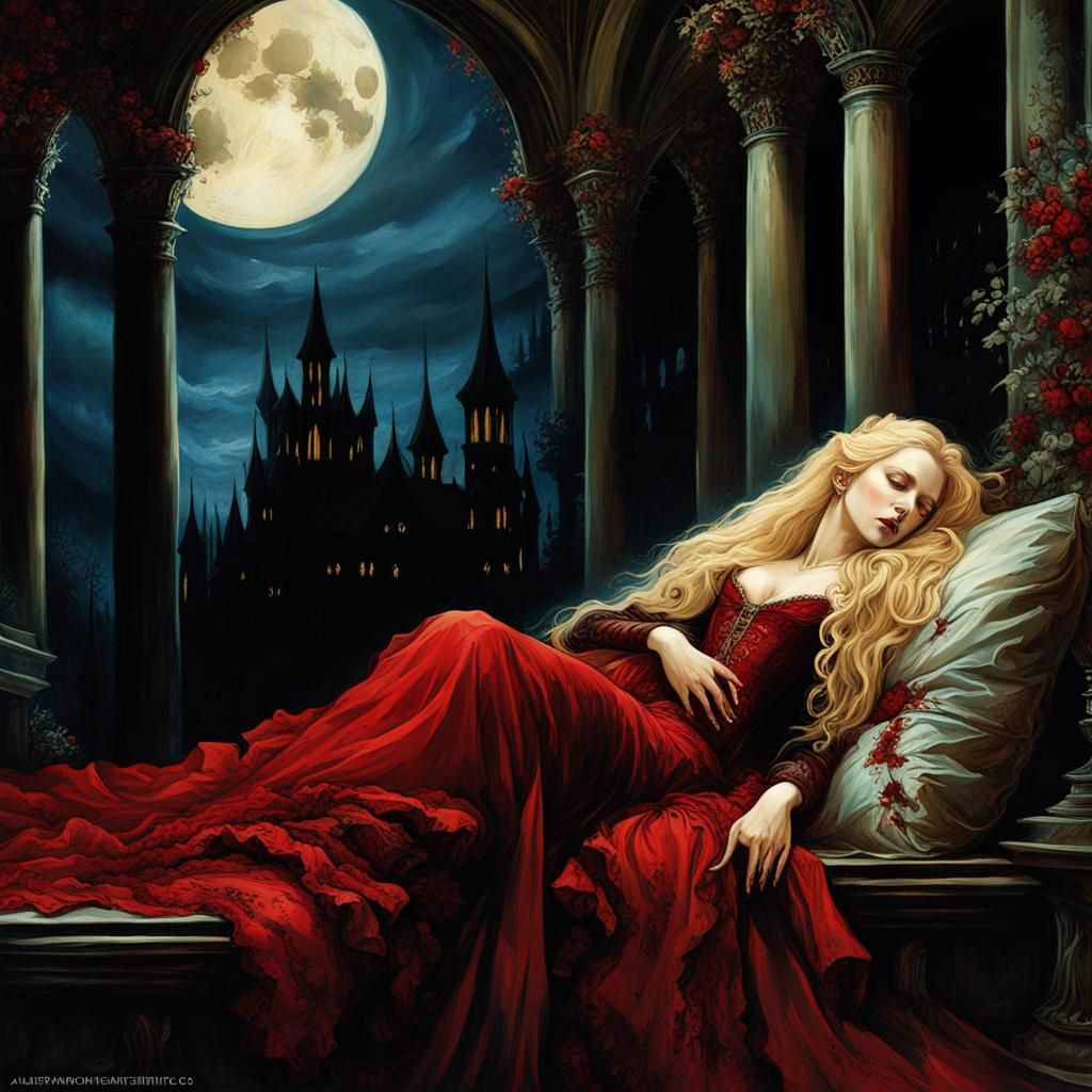 Gothic Sleeping Beauty: Dark Fantasy Oil Painting