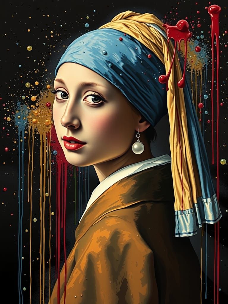 Girl with a Pearl Earring Dripping in Colorful Paint