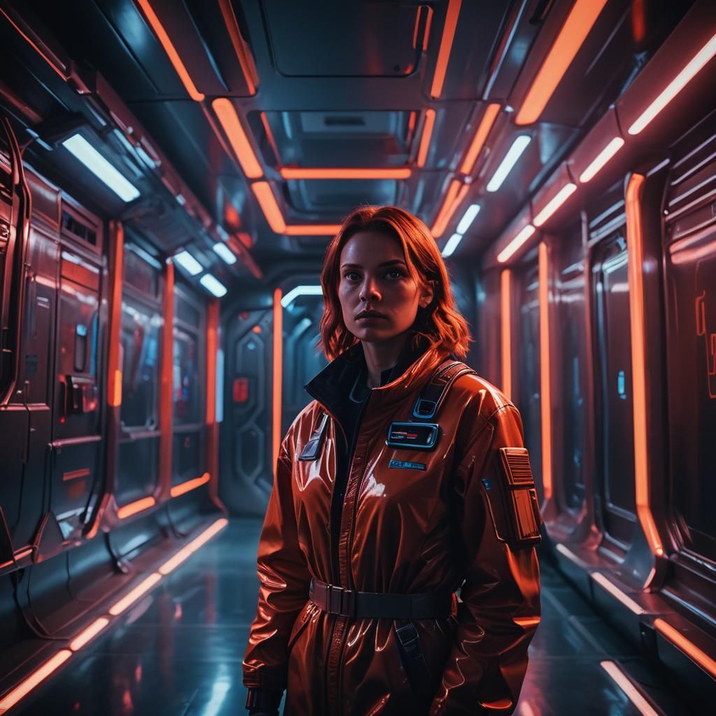 Suspicious Space Smuggler in Neon-Hued Corridor