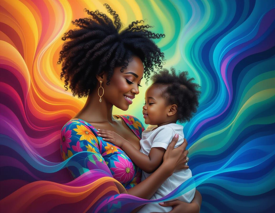 Hyperrealistic Mother and Child in Vibrant Ribbon Art