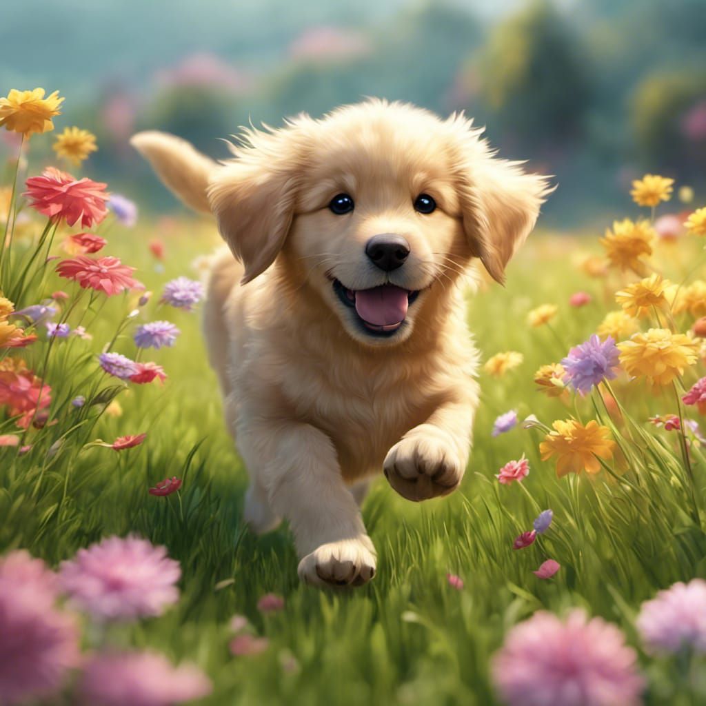 Fluffy Chibi Golden Retriever Puppy Pouncing in Field