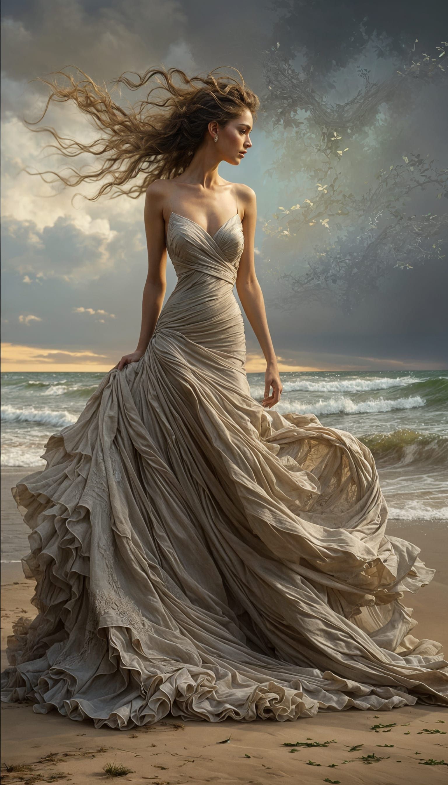 Elegant Woman in Wave Function Dress, Fantasy Portrait