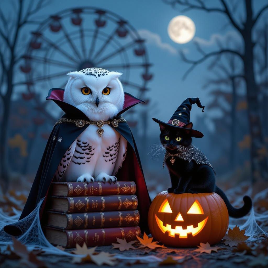 Mystical Owl and Cat in Eerie Amusement Park
