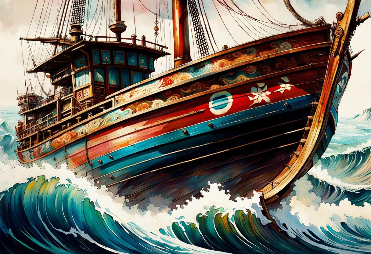 Japanese Junk Boat on Swirling Waves Art