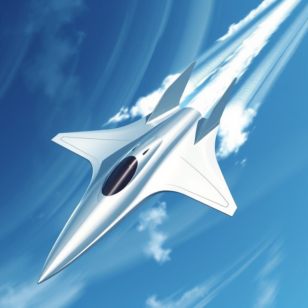 Sleek Futuristic Jet Soars Through Brilliant Blue Sky