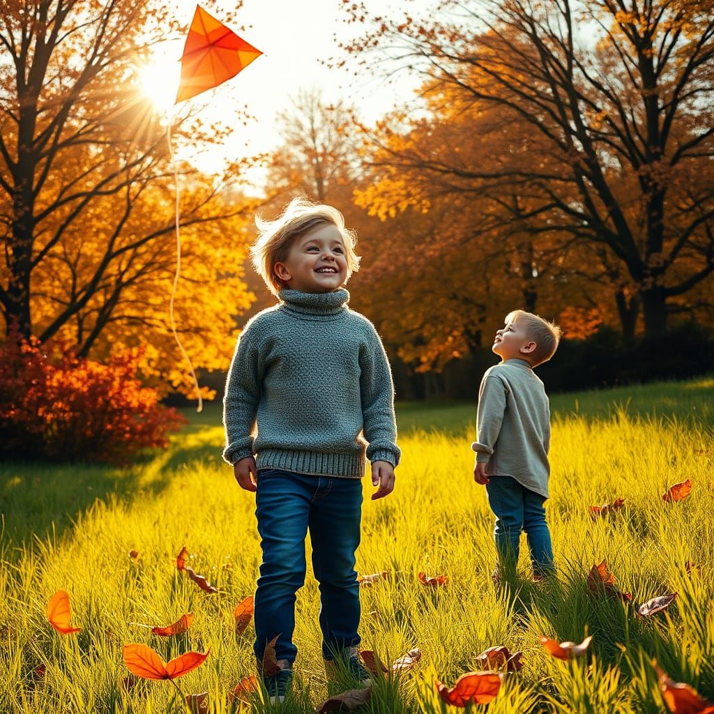 Boy Flying Kite in Autumn Meadow, Hyperrealistic Art
