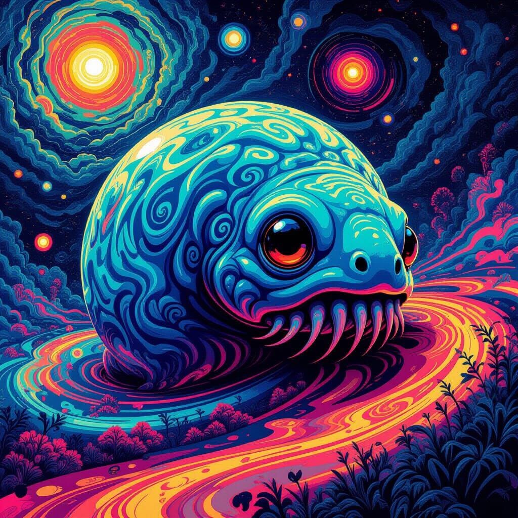 Mystical Creature Amid Swirling Sci-Fi Patterns