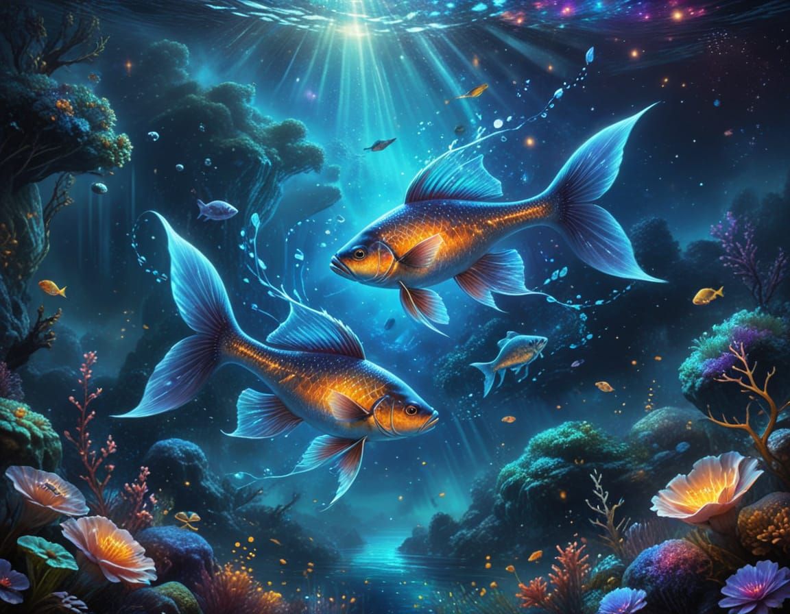 Surreal Cosmic Fish Swim in Celestial Water