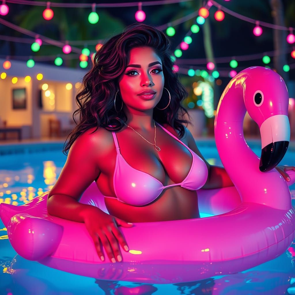 Dreamy Pin-Up Woman in Glowing Pool, Fantasy Art