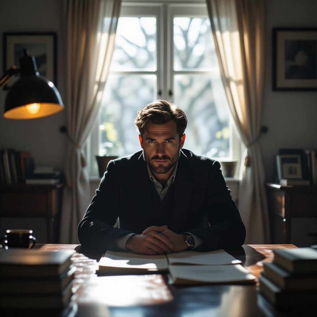 Melancholy Writer in Shadows: Cinematic Portrait
