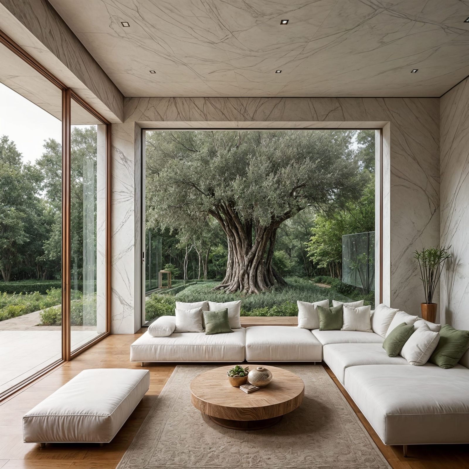 Living room with view of an olive tree