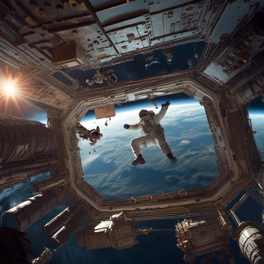 Person Floating in ISS: Detailed Matte Painting