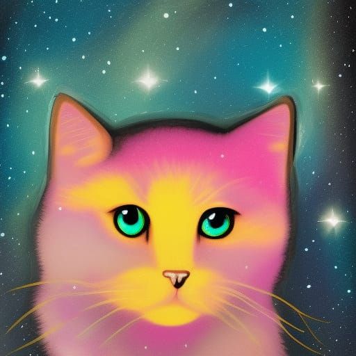 Cute Black Cat Gazing at Galaxy in Vibrant Colors