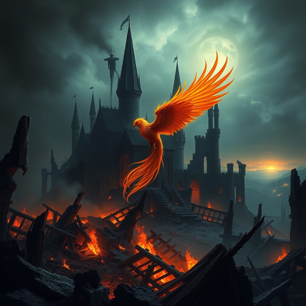 Majestic Phoenix Emerges from Dark Castle Ruins in Cyberpunk...