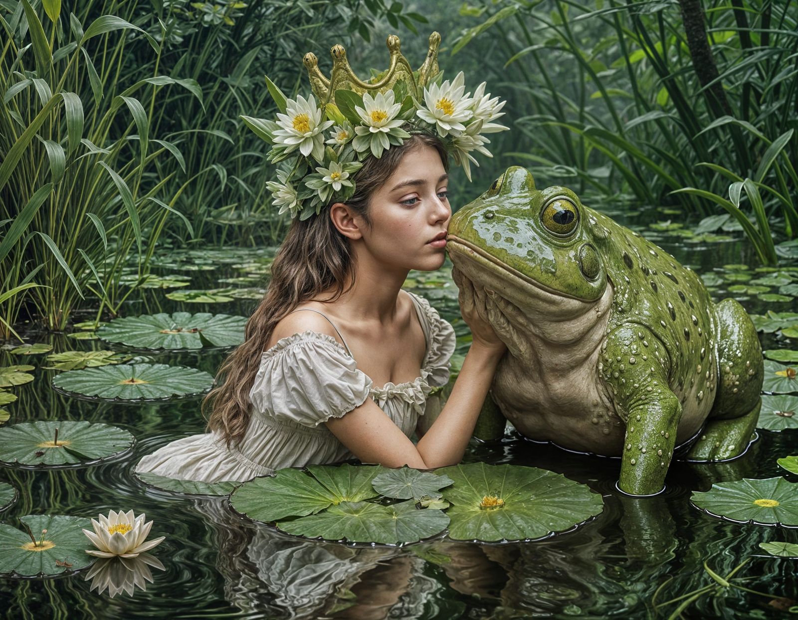 Pauper Girl Kisses Frog Prince: Oil Painting