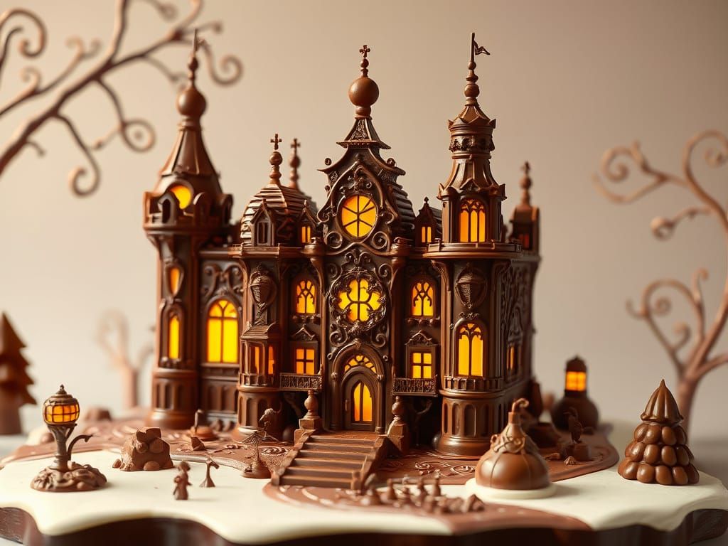 Whimsical Chocolate Castle in a Fantastical Landscape