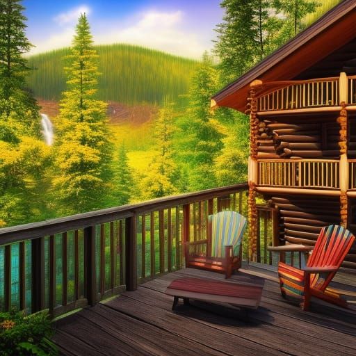 Nostalgic Cabin Scene in Hyperrealistic Splash Art