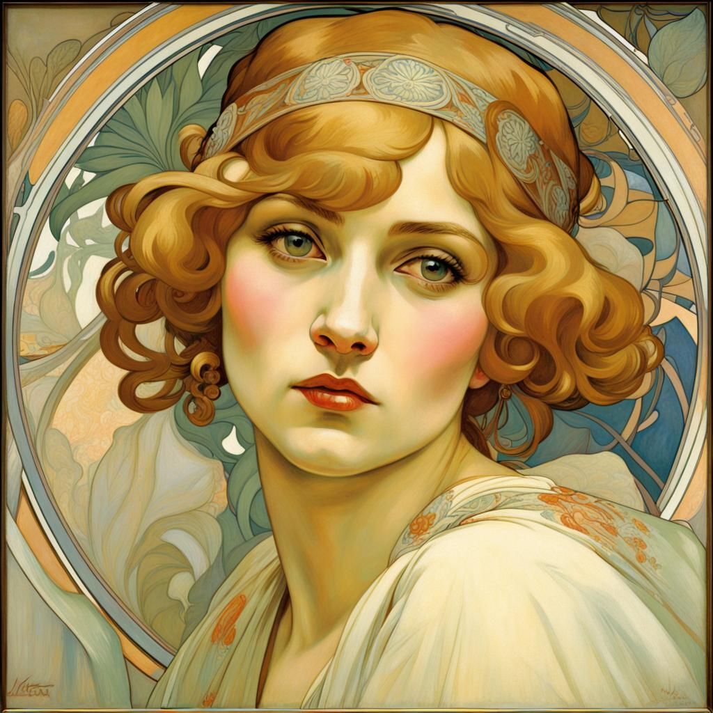 Art Nouveau Portrait of a Woman in Oil on Canvas