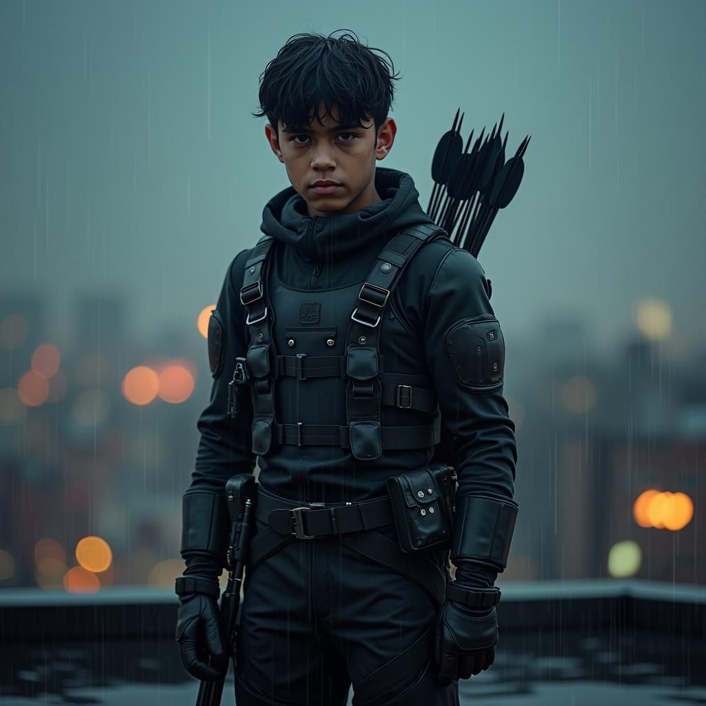 Heroic Figure on Rooftop in Noir Cinematic Style