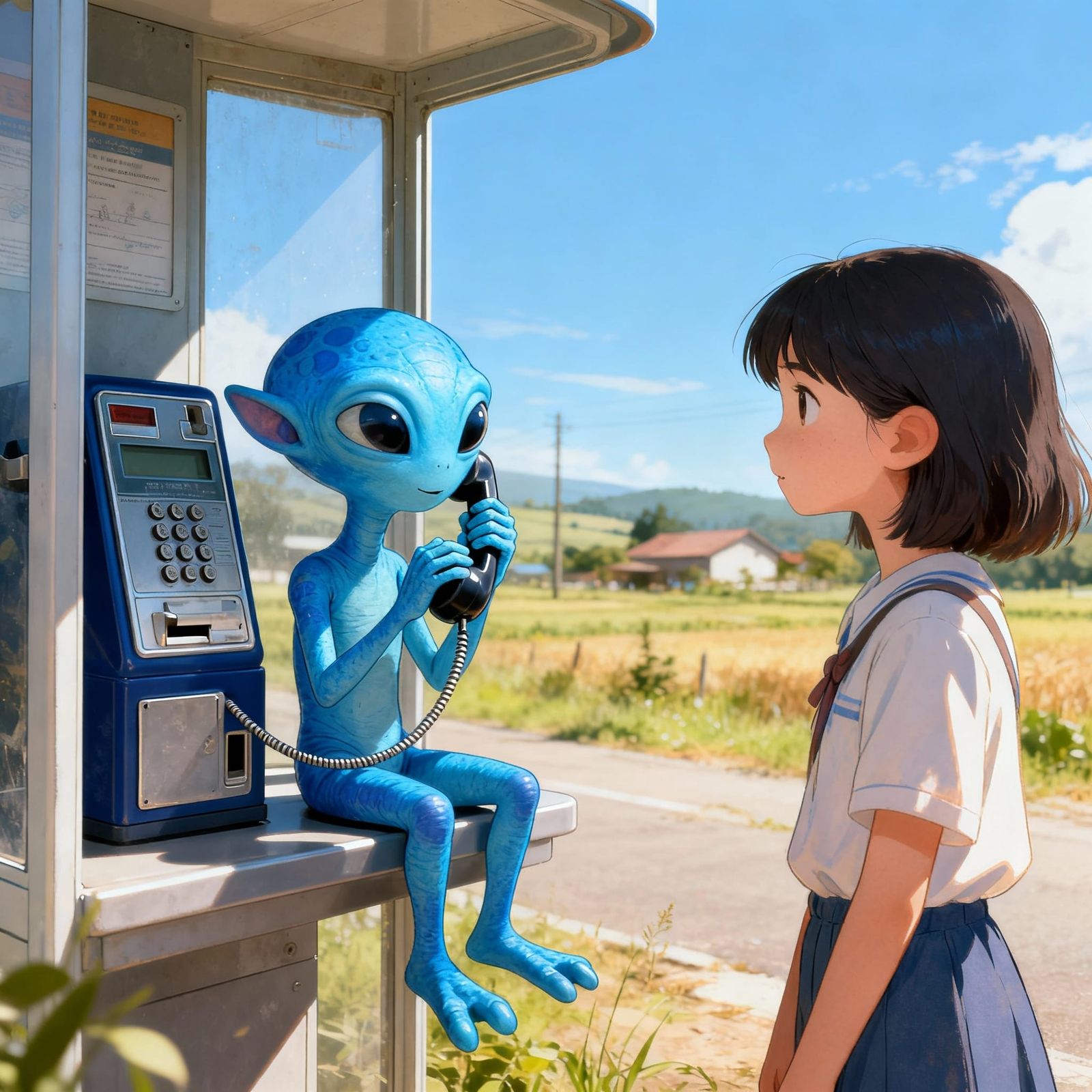 Blue Alien Calls Home from Rural Payphone