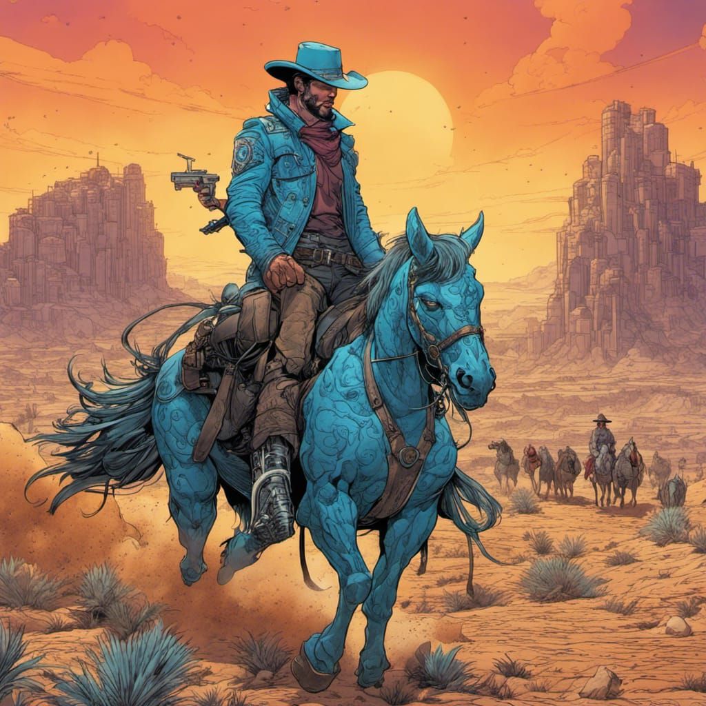Cyberpunk Cowboy Rides in a Sci-Fi Desert