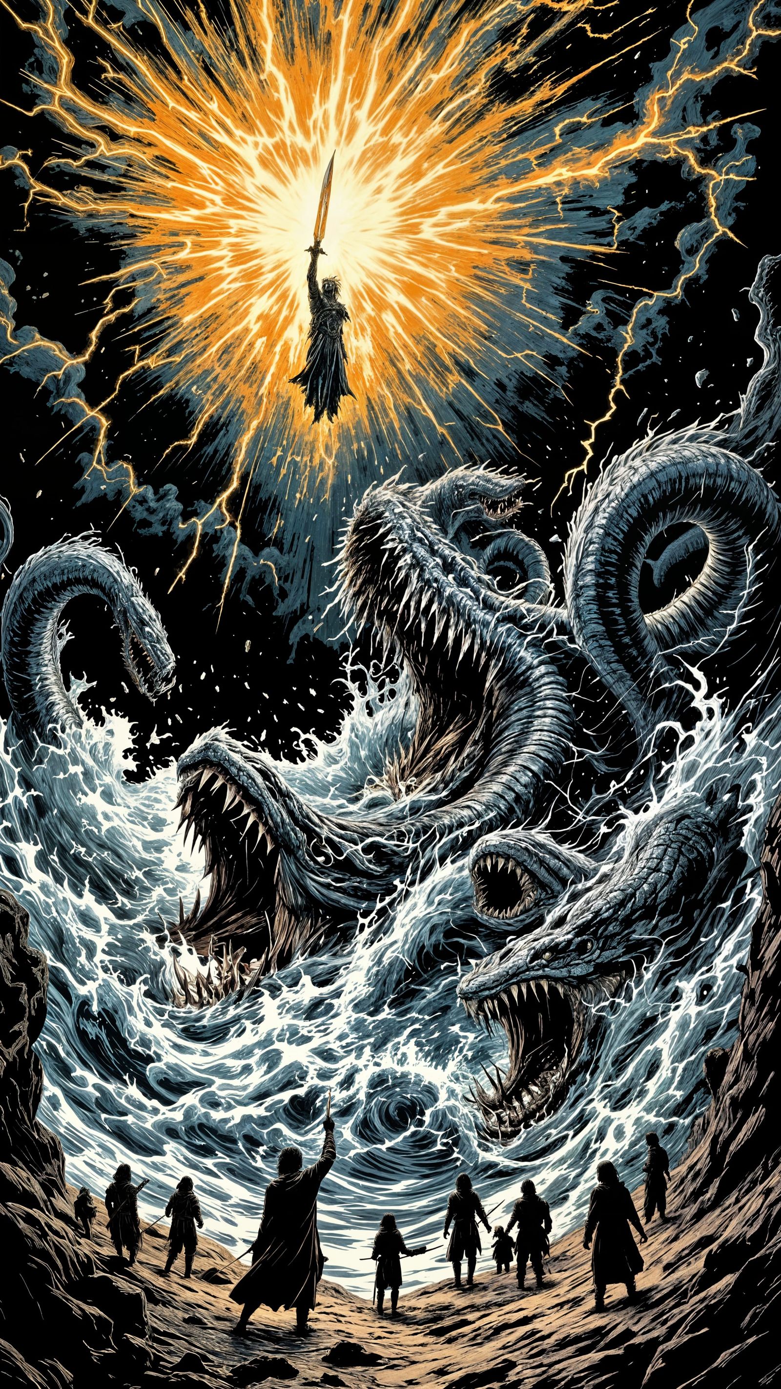 God Slaying Leviathan: Woodcut Illustration in Doré Style