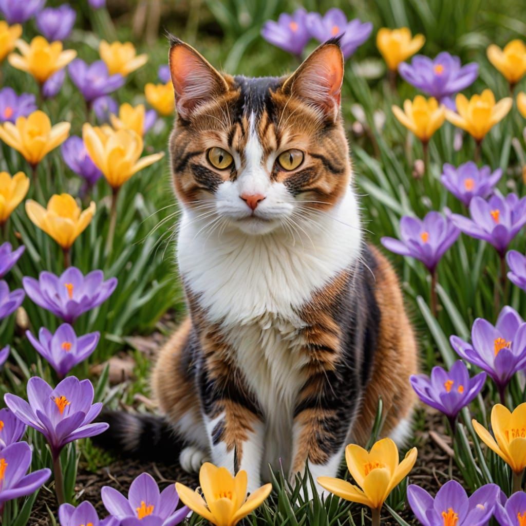 Vibrant Calico Cat Surrounded by Spring Blooms
