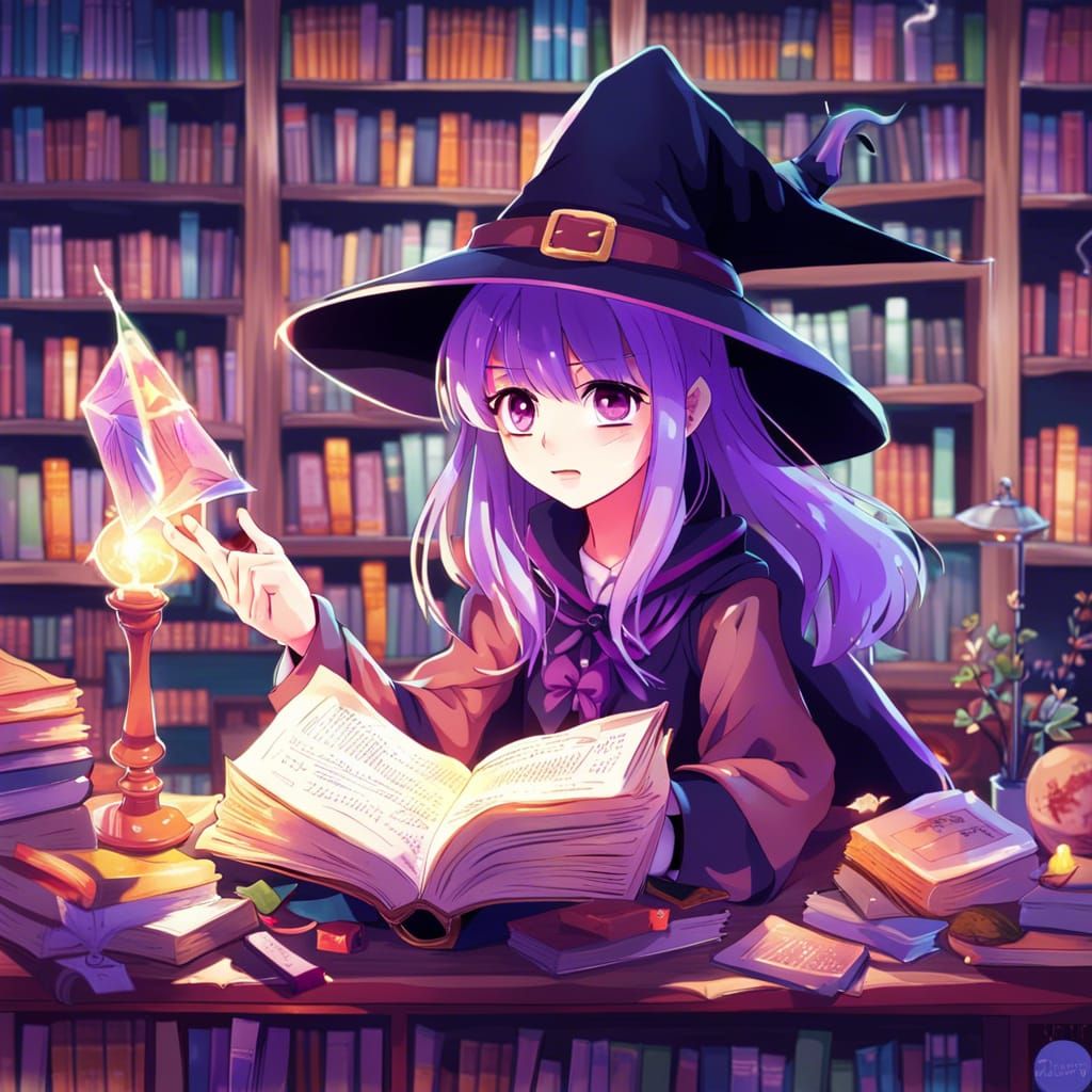 Anime Witch Girl Reading Magic Book