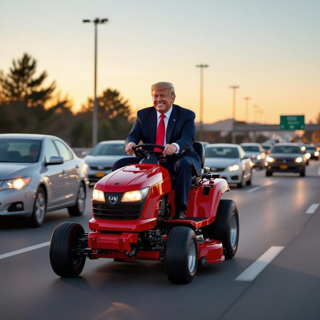 Happy Trump Overtakes on a Red Lawn Mower