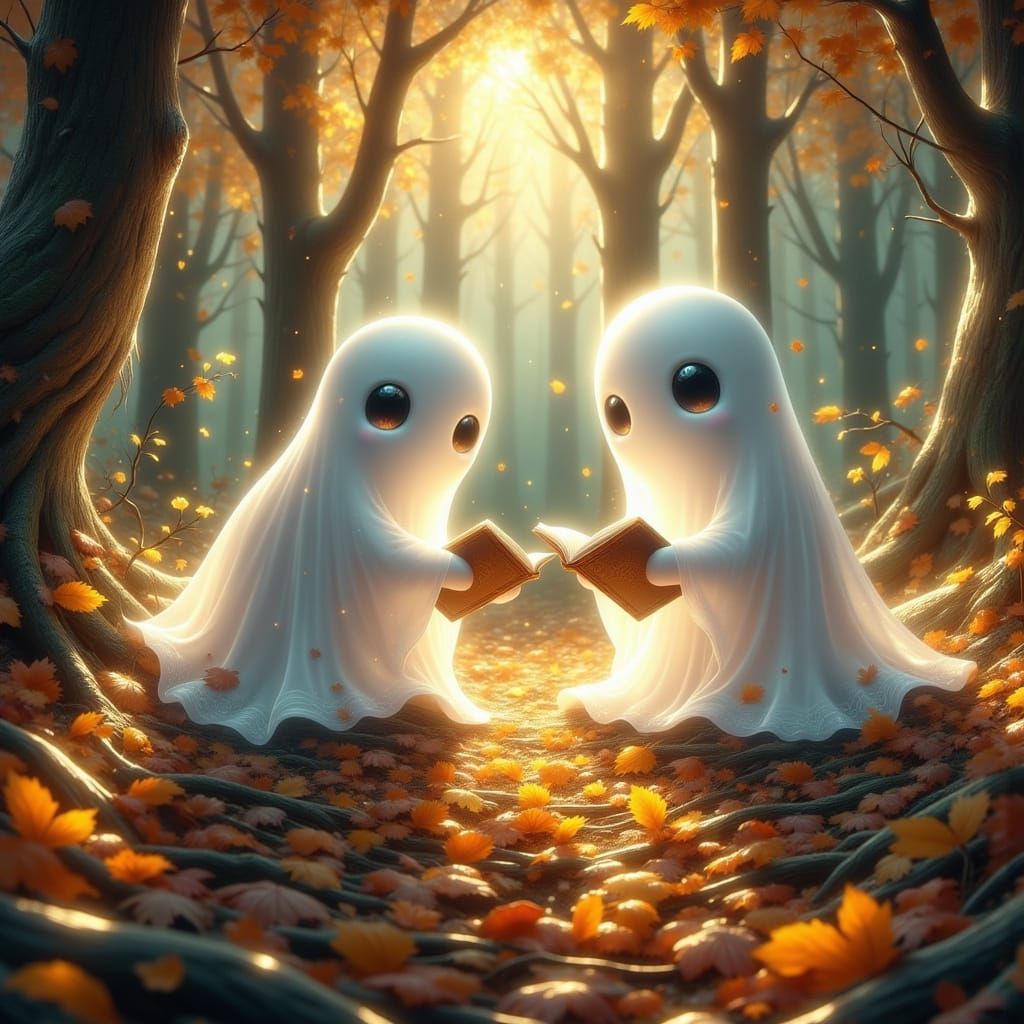 Whimsical Ghosts Reading Books in Autumn Forest