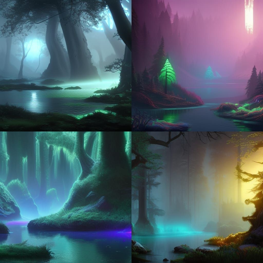 Bioluminescent Forest and River in Detailed Matte Painting
