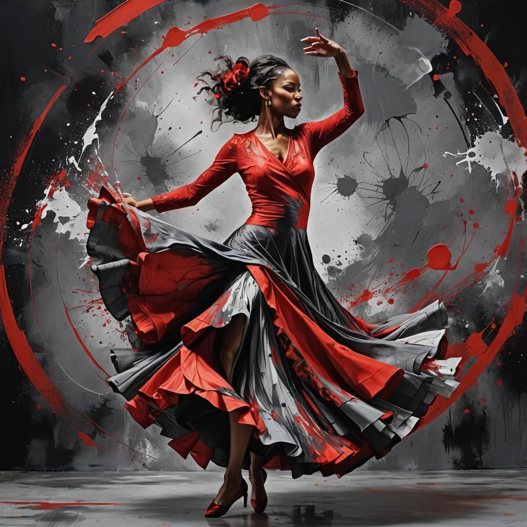 Dynamic Flamenco Dancer in Red and Gray Dress