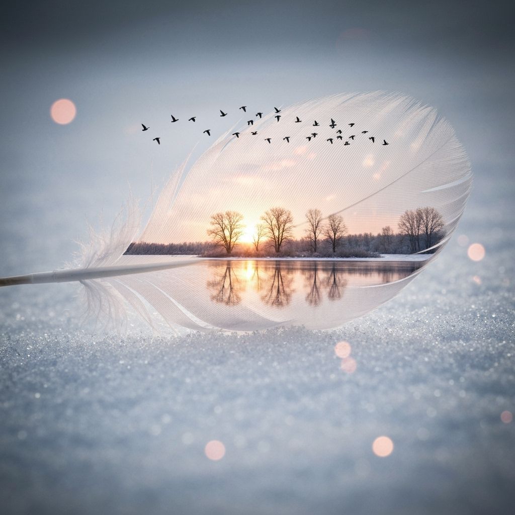 Feather Holds Winter Sunset Landscape in Double Exposure