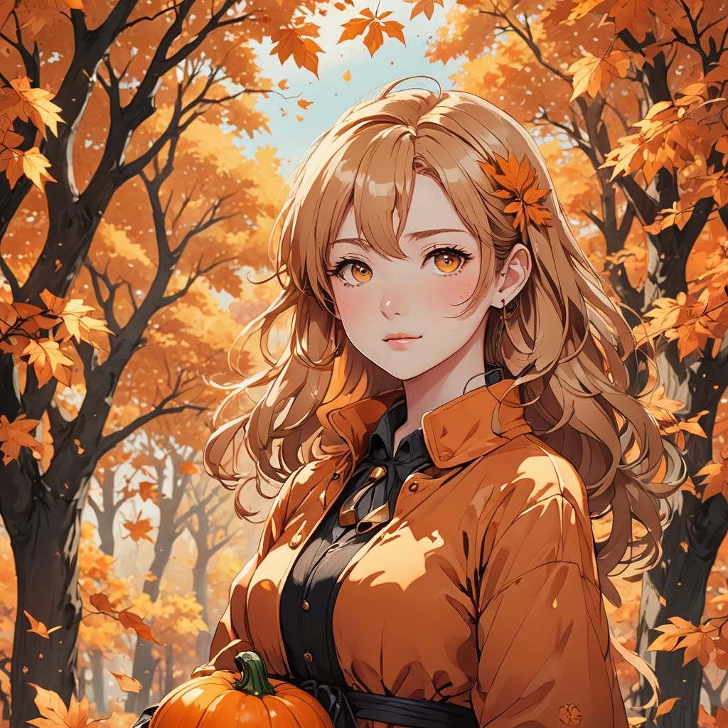 Anime Portrait of Woman in Autumnal Pumpkin Attire