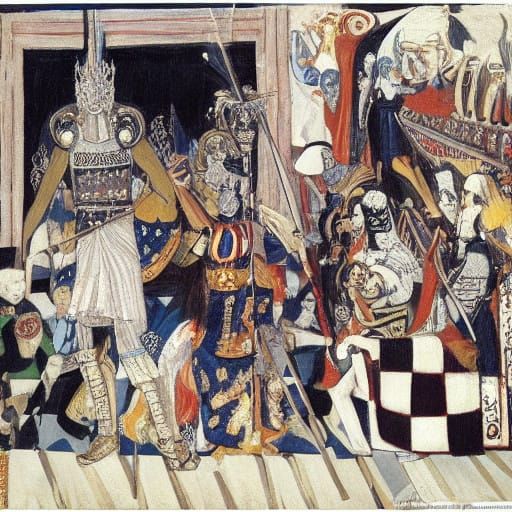 King Held Captive by Own Ambition in Cyberpunk Landscape