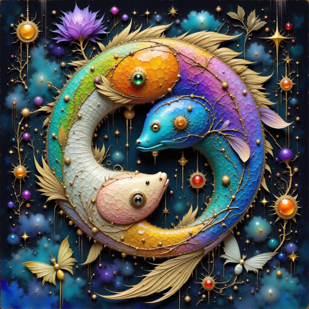 Yin-Yang Fish with Gems in Mystical Environment