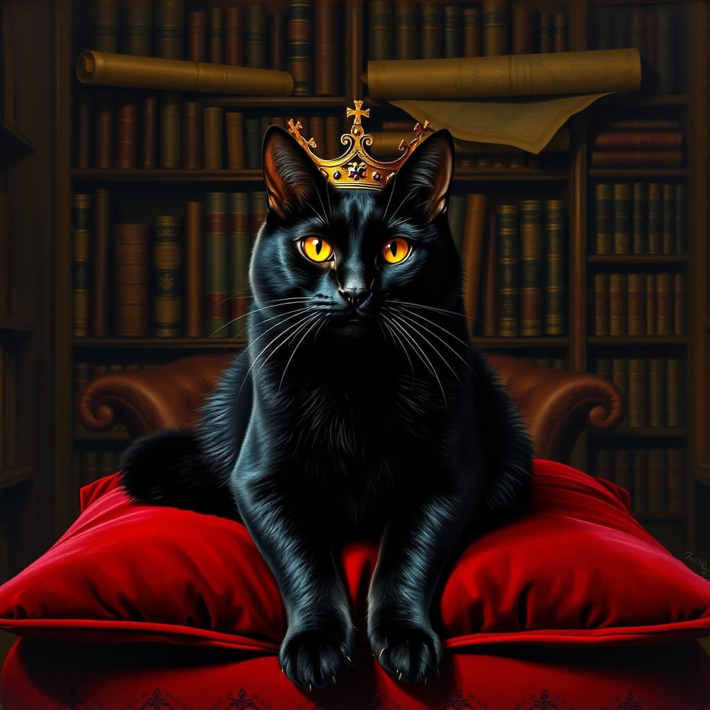 Majestic Black Cat King on Velvet Cushion in Oil Portrait St...