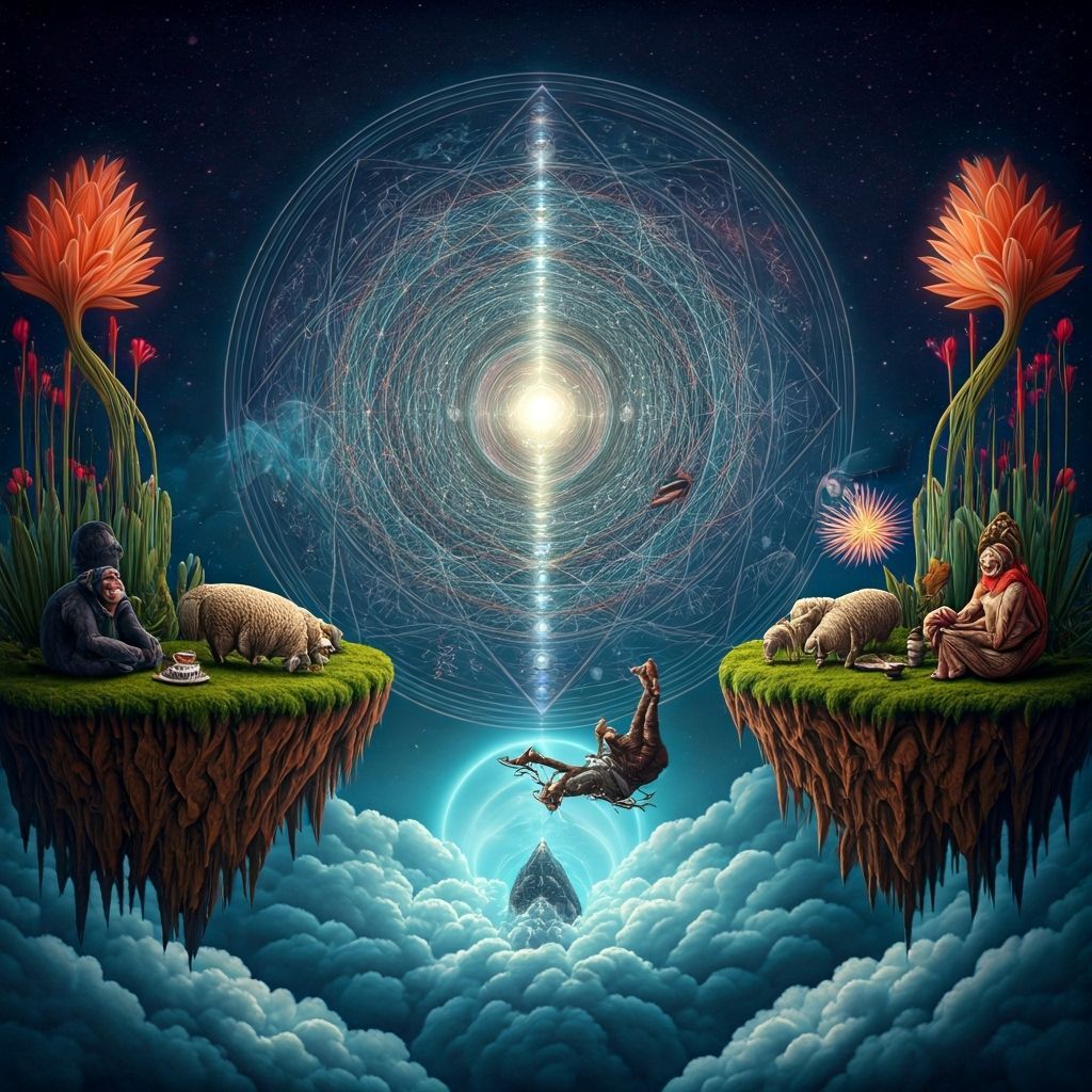 Surreal Tea Party on Floating Island with Sacred Geometry