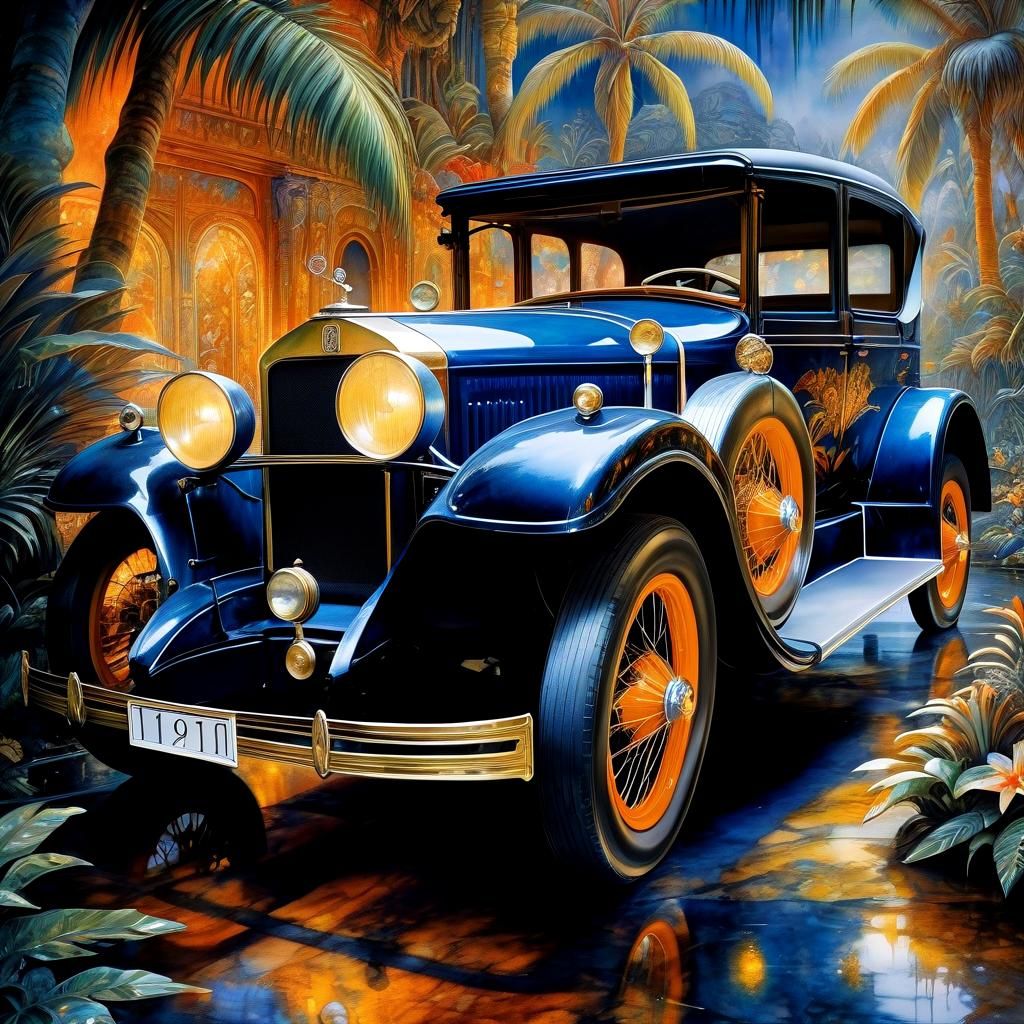 Vintage Car in Tropical Paradise: Fantasy Noir Watercolour