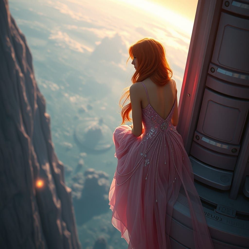 Red Haired Woman in Sparkling Dress on Space Station Over Sc...