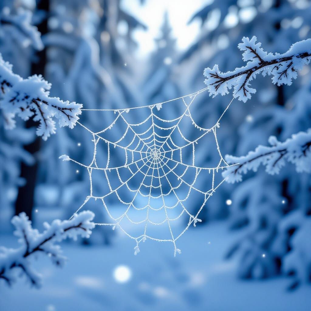 Intricate Frost-Covered Spider Web in Winter Forest