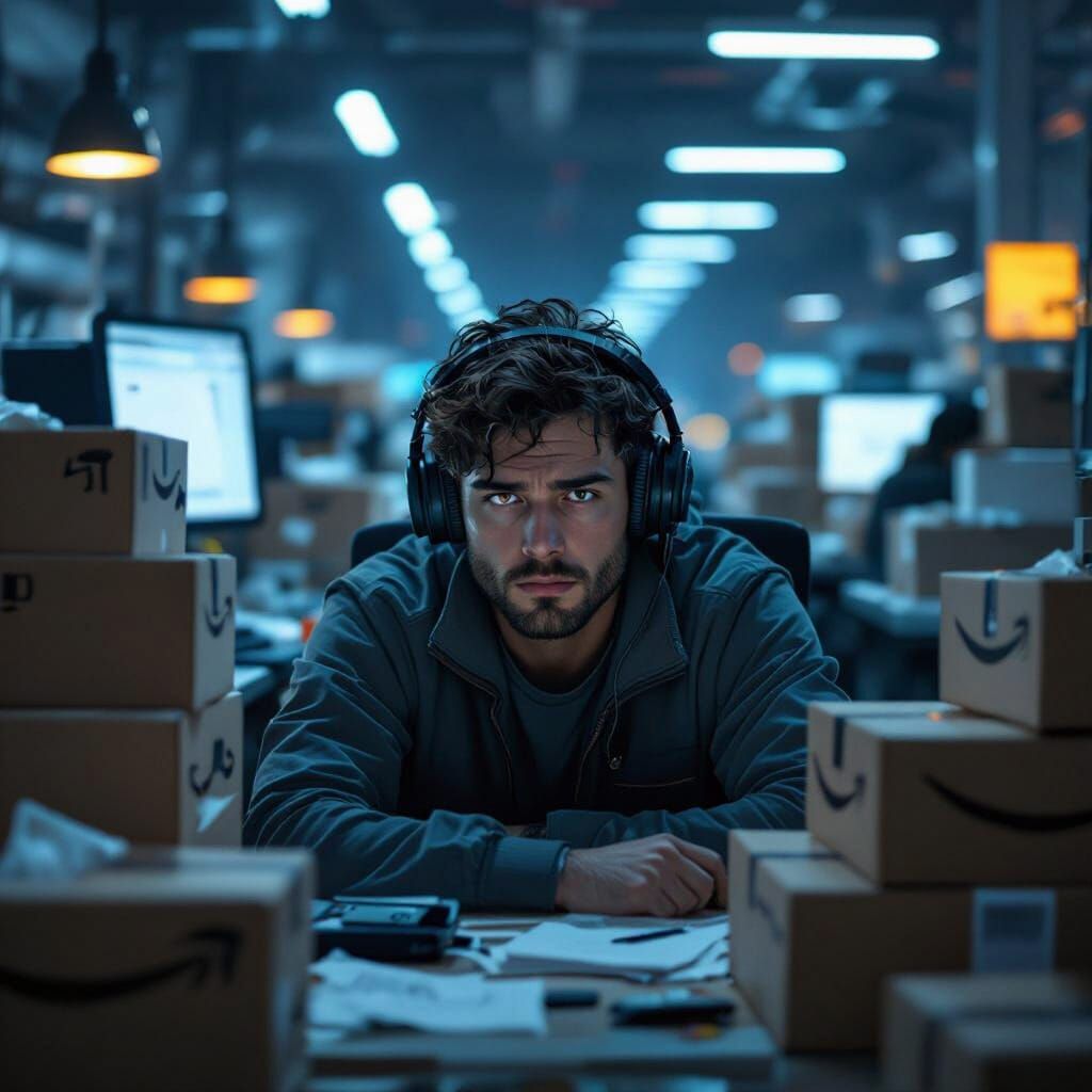 Exhausted Amazon Employee at Dimly Lit Workstation