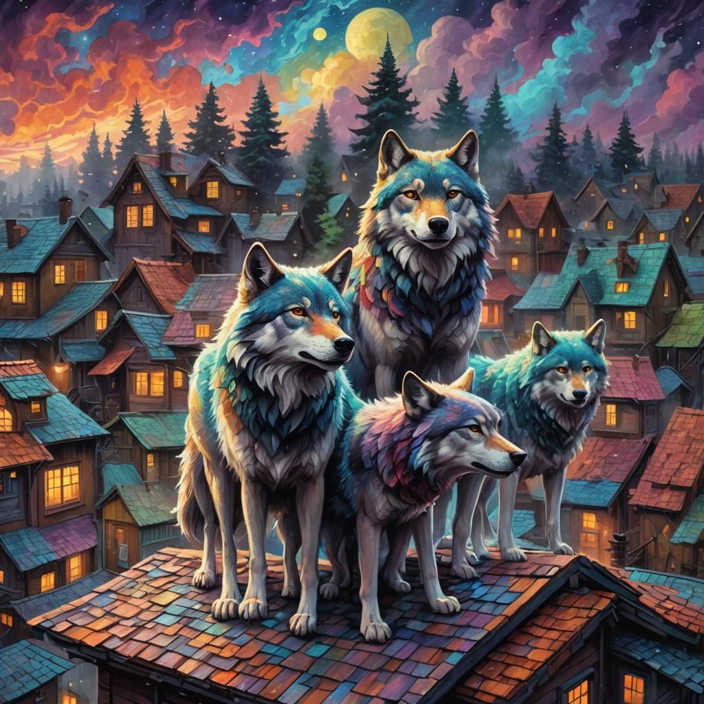 Wolf Party on Roof: Neo-Impressionist Oil Painting