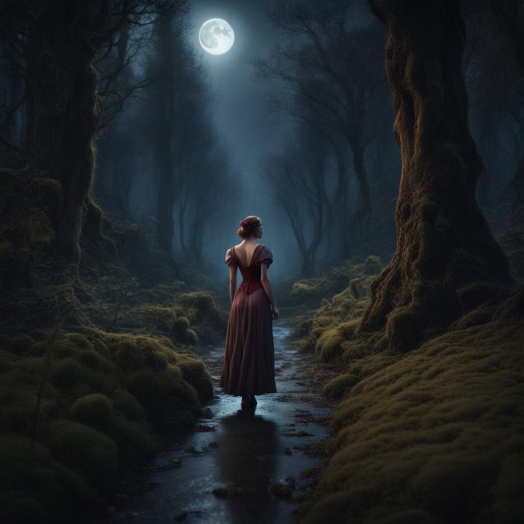 Moonlit Woman in Forest: Fantasy Concept Art