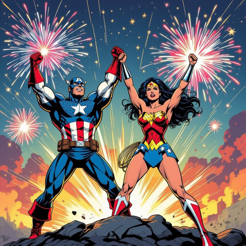 Captain America and Wonder Woman Celebrate Victory, Comic Bo...